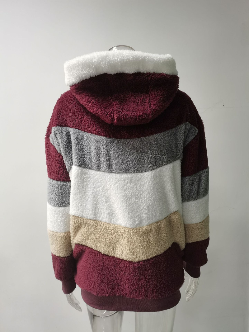 Giacca ampia da donna con cappuccio, tasca con cerniera patchwork in caldo autunno e inverno_voghion.com