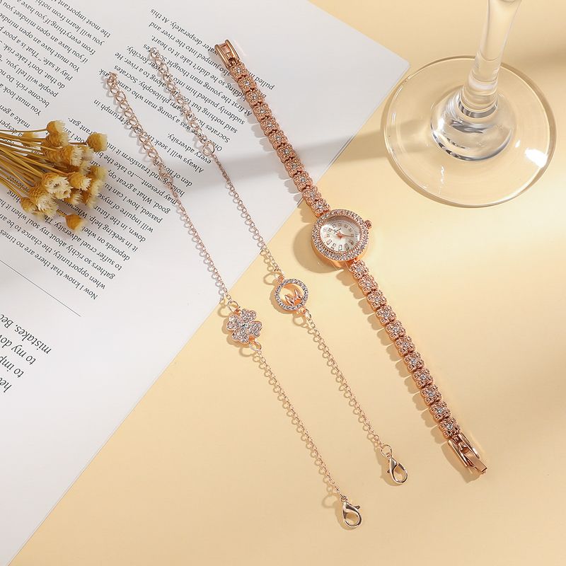 Women's Fashion Small Dial Diamond Quartz Watch + Four Leaf Clover Bracelet Set_voghion.com