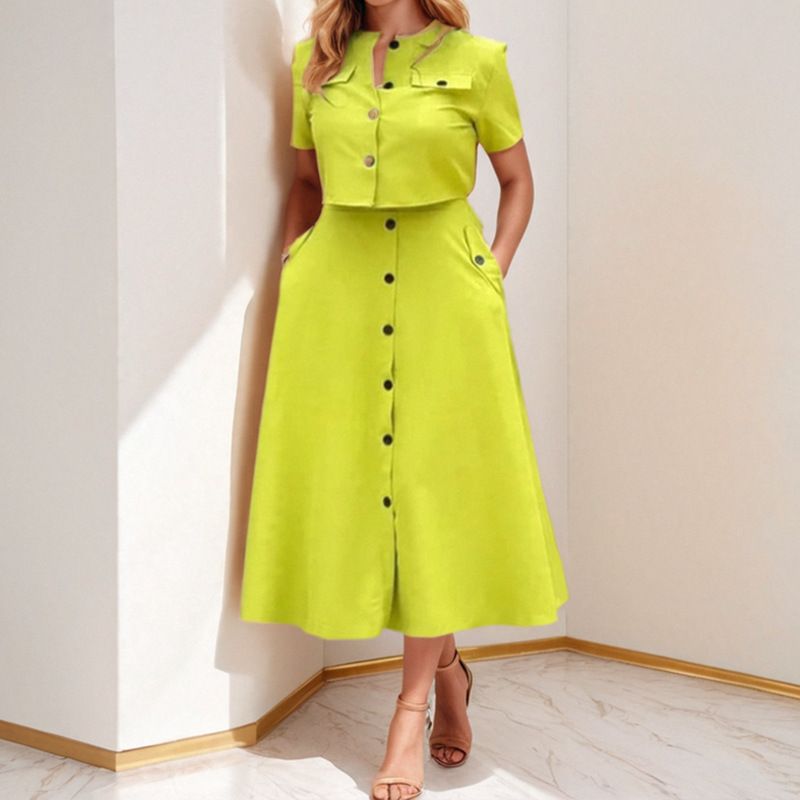 K Women's Elegant Pure Color Casual Short Top With Single Button Skirt Fashion Suit_voghion.com