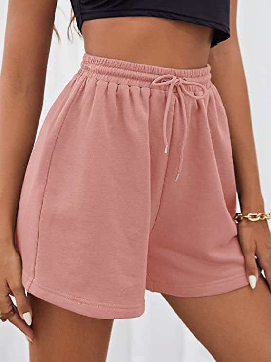 Abbigliamento da donna Pantaloncini larghi casual legati in maglia sportiva in tinta unita_voghion.com