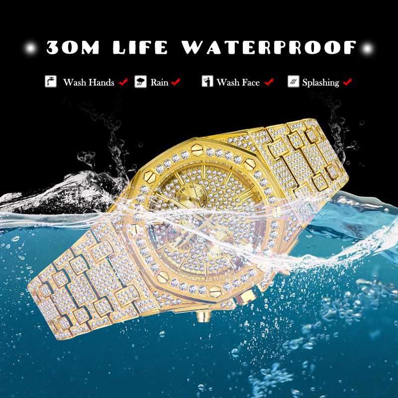 Ceas MISSFOX, ceas de mână pentru bărbați, stil european și american, stil hip-hop, cu diamant complet, cadran octogonal, impermeabil, cu trei ochiuri, en-gros_voghion.com