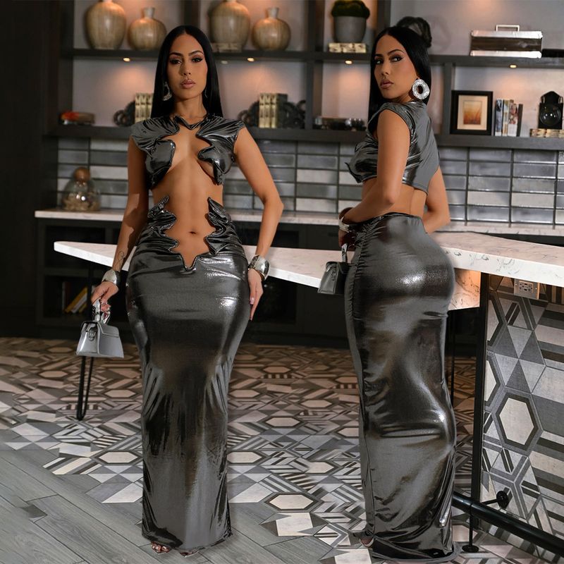 Sexy ärmelloses Crop-Top mit Maxirock-Set – elegantes monochromes zweiteiliges Outfit für Damen_voghion.com