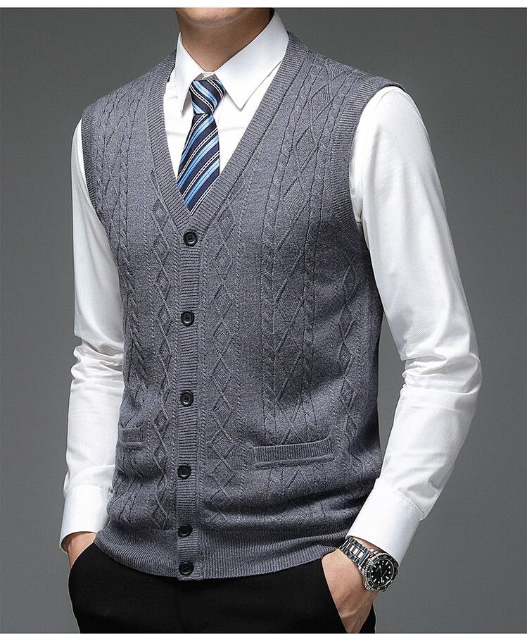 Ärmellose Strickjacke aus Wollmischung für Herren, schmale Passform, einreihiger Strickpullover für legere Business-Kleidung (Hellgrau, Weinrot, Marineblau, Dunkelgrau)_voghion.com