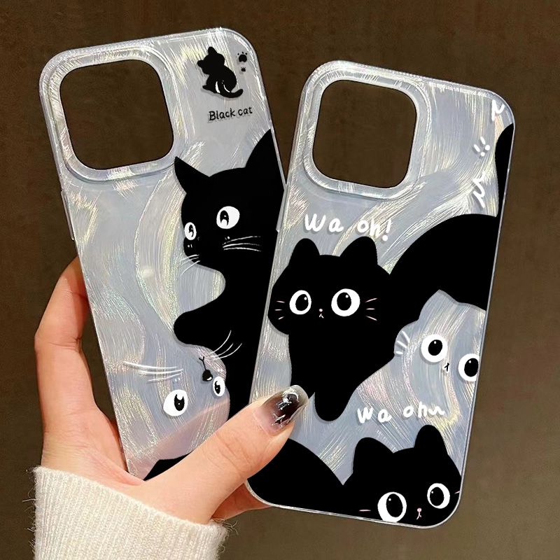 Custodia per telefono con gatto nero dei cartoni animati per iPhone 16 15 Custodia per iPhone 13 11 12 14 Pro Max XR XS X 7 8 Plus SE2 Custodia con piume argentate_voghion.com