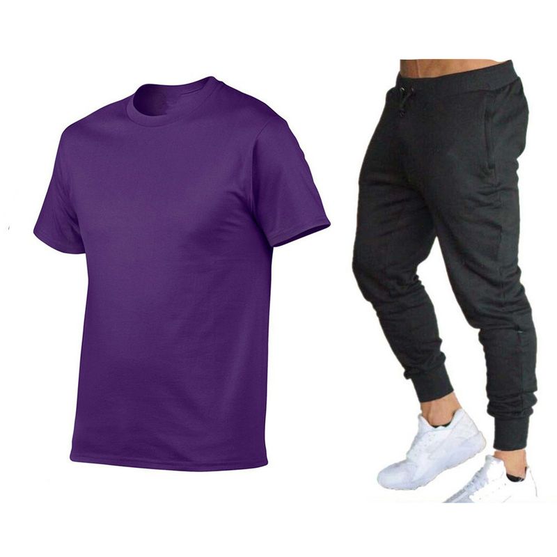 Vêtements d'été pour hommes, costume simple de couleur unie, T-shirt + pantalon en coton à col rond, ensemble deux pièces à la mode et polyvalent_voghion.com