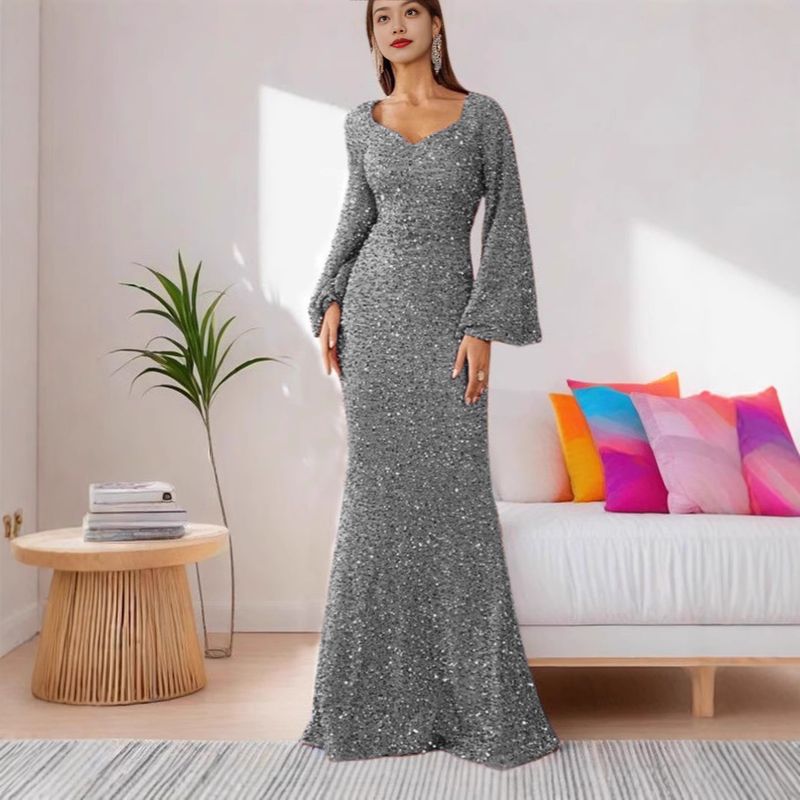 girl 2025 Spring Summer New Fashion V-neck Bodycon Sequin European And American Style Mid-waist Flared Sleeve Long Evening_voghion.com