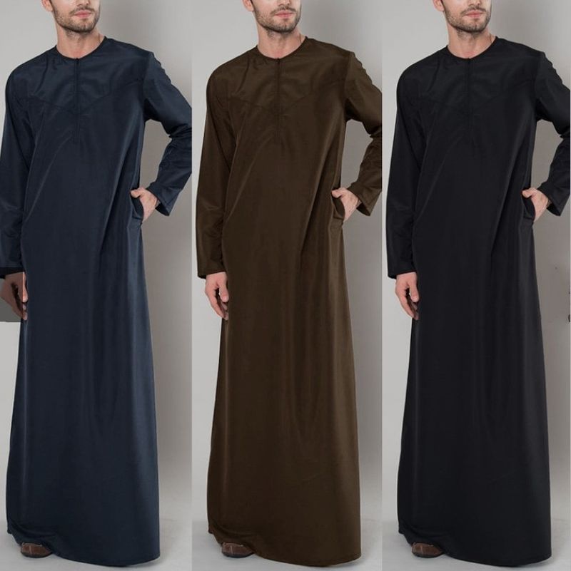 2025 Muslim Men Jubba Thobe Fixed Button Kimono Middle Robe Saudi Muslim Man Shirt Stand Collar Islamic Arab Kaftan Men Abayas_voghion.com