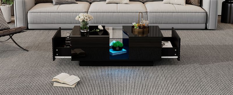 Table basse moderne à LED avec 2 tiroirs, 100 x 50 x 35 cm, plateau en acrylique noir brillant avec éclairage LED, table d'appoint en MDF pour salon et chambre._voghion.com