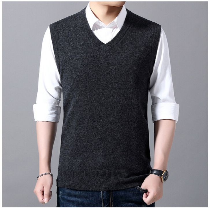 Spring And Autumn Wool Solid Color For Middle-aged Men, High-end V-neck Knitted Sweater, Warm Sleeveless Vest_voghion.com