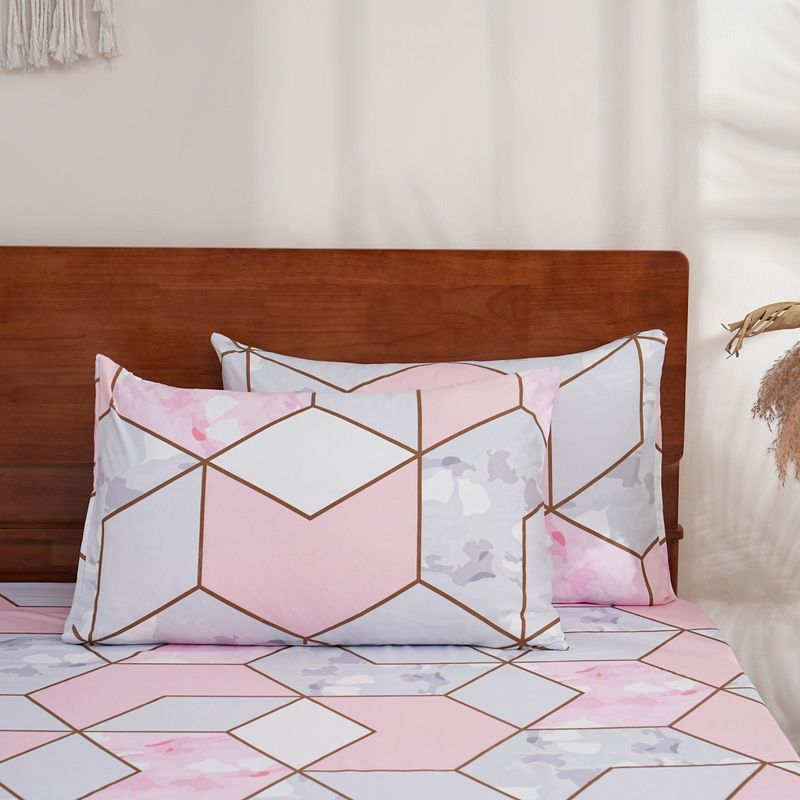 Elegante gonna da letto in poliestere con stampa 3D in marmo rosa e motivo floreale - Adatta per letti singoli, matrimoniali, queen size e king size_voghion.com