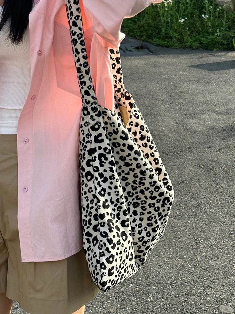 Women’s Bags Bag Same Style Leopard Print Canvas Bag Large Capacity Shoulder Bag Corduroy Shopping Bag Ins Style Star Model_voghion.com