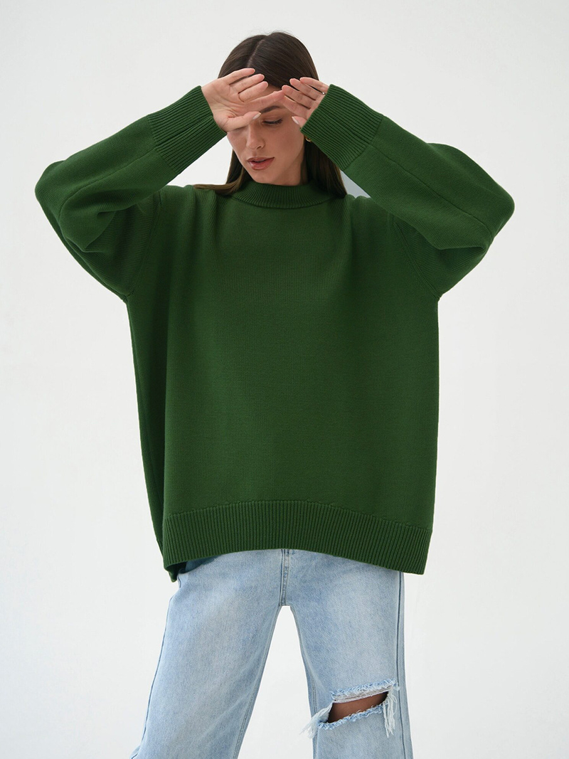 Solid color round neck sweater autumn and winter new temperament commuting versatile casual round neck knitted sweater_voghion.com