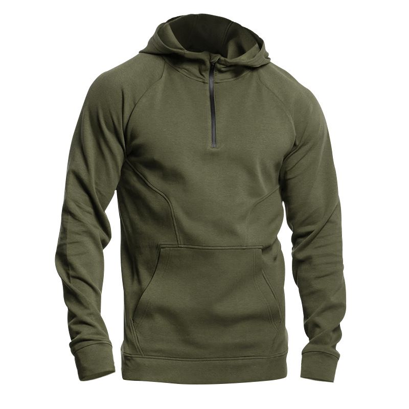 Men's Clothing New Long Sleeved Stand Up Collar Casual Pullover Hooded Half Zip Block Plus Velvet Sweatshirt_voghion.com