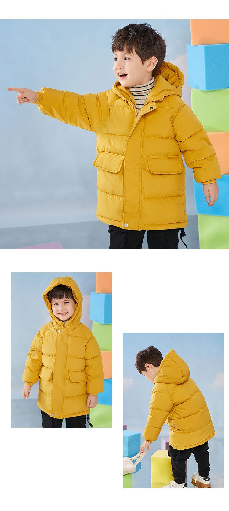 Giacca unisex in cotone di media lunghezza per bambini, con cappuccio e spessa (nero/bianco sporco/rosa/blu denim/bordeaux, 90-140 cm)_voghion.com