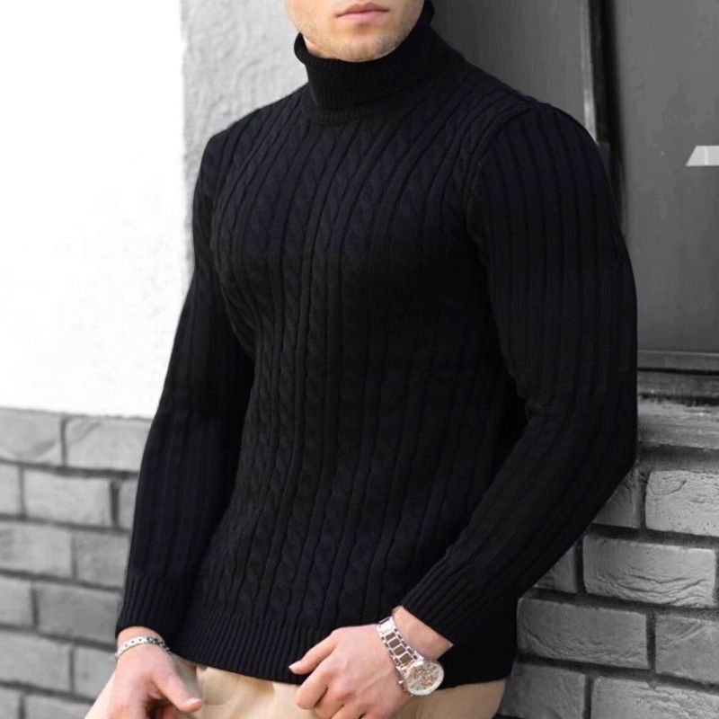 Maglione invernale da uomo con collo alto, maglione invernale da uomo, maglione a collo alto spesso, maglione a righe tinta unita, maglione casual caldo a collo alto_voghion.com