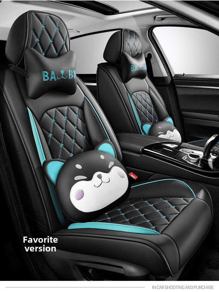Nueva funda para asiento de coche con diseño de dibujos animados de cabeza de perro universal para las cuatro estaciones con cojín de cuero con diamantes y todo incluido de Crown_voghion.com