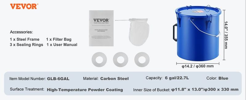 VEVOR Fryer Grease Bucket, 6 Gal Oil Disposal Caddy Carbon Steel Fryer Oil Bucket With Rust-Proof Coating, Oil Transport Container With Lid, Lock Clips, Filter Bag For Hot Cooking Oil Filtering, Blue_voghion.com