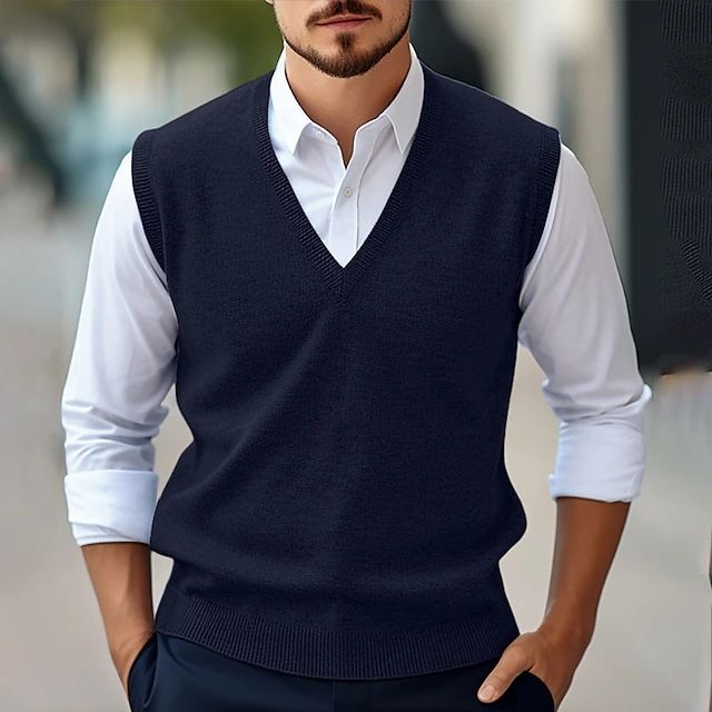 Herren Wollweste Lässig Einfarbig V-Ausschnitt Ärmellos Strickpullover Pullover Vier Jahreszeiten Weste Hemd Herren_voghion.com
