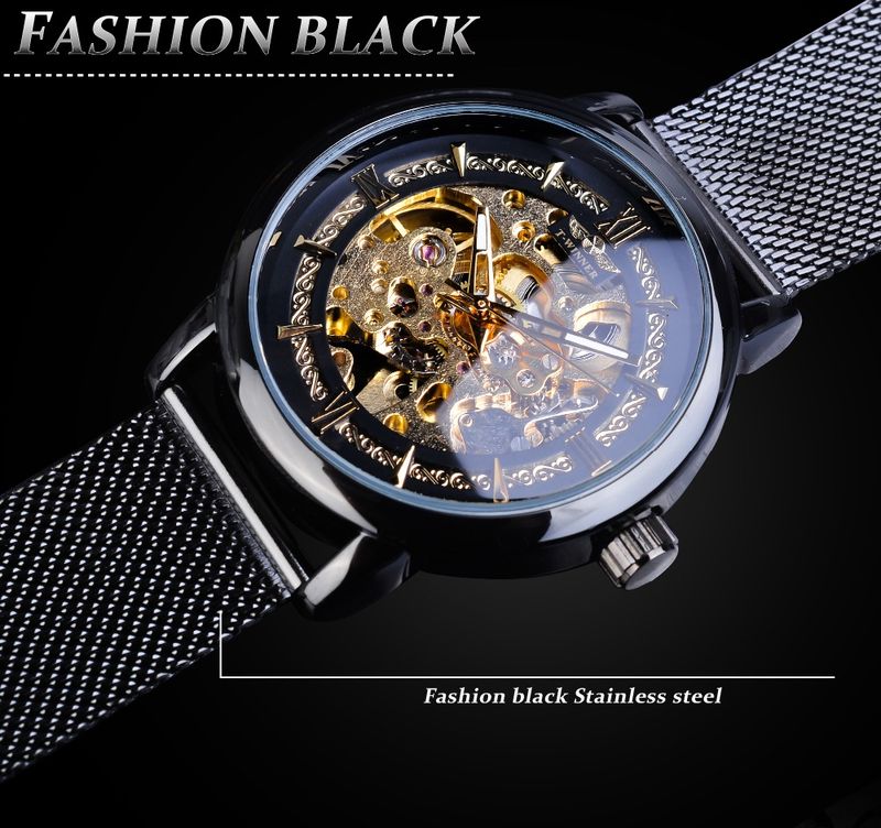 Orologio da polso da uomo classico Winner, meccanico, con scheletro, nero, dorato, sottile, analogico, con cinturino in maglia d'acciaio, casual, elegante, da uomo_voghion.com