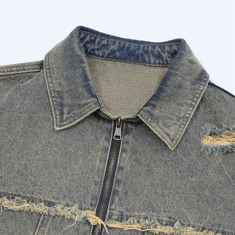 Herrenbekleidung Retro Raw Edge Distressed Ripped Denim Reißverschlussjeans Trendy Loose Casual Vielseitige Arbeitskleidung Männer und Frauen Anzüge_voghion.com