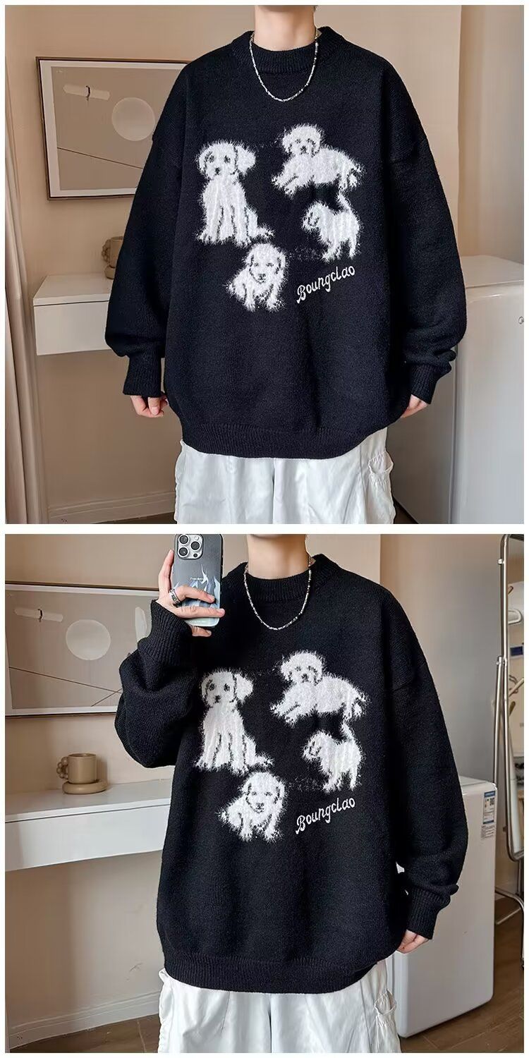 Férfi őszi-téli, japán retró, divatos, laza, kötött pulóver, kutya jacquard nerc szőrméből, lusta fazon, laza, kötött dzseki_voghion.com