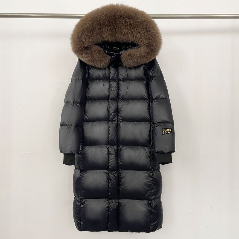 Abbigliamento da donna Giacca lunga con cappuccio e finiture in pelliccia di volpe, 90% piumino d'oca, nylon impermeabile, elegante e caldo cappotto invernale_voghion.com