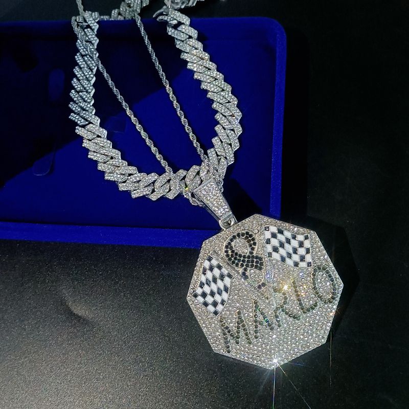 Jewelry Inlaid Diamond Octagon Enamel Letter Pendant Accessories Hip Hop Men's Necklace_voghion.com