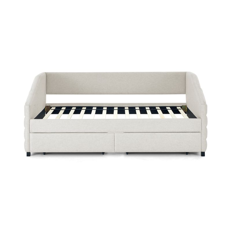 Twin Size Daybed with Two Drawers Trundle Upholstered Tufted Sofa Bed, Linen Fabric, Beige (82.5"x42.5"x34")_voghion.com