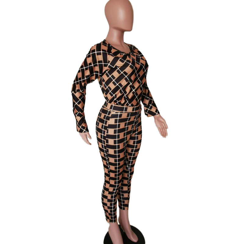 Explosieve losse blouse met lange mouwen en geruite broek, tweedelige set_voghion.com