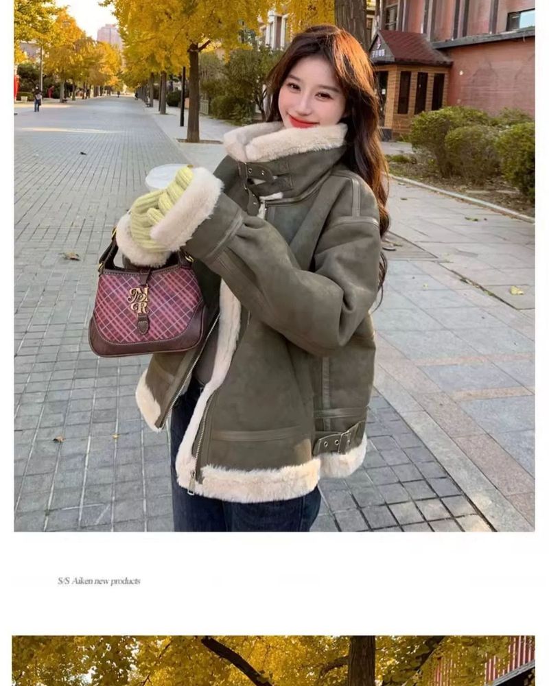Green Suee Motorcycle Lamb Wool Coat For Women, Autumn Winter 2024, High-En Thickene Stan Collar Sheepskin_voghion.com