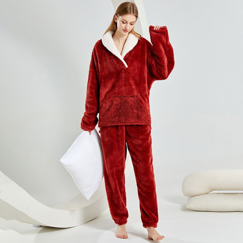 Women's Cozy Fleece Pajama Set With Kangaroo Pocket - Winter Warm Sleepwear & Loungewear For Home, Soft And Comfortable, Plus Size Available_voghion.com