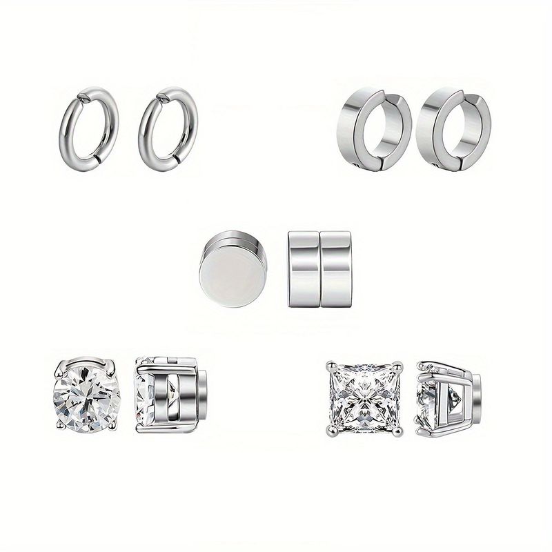 Stainless Steel Round Non Pierced Ear Clips Zircon Ear Studs Combination Set Trendy Men's Non Pierced Ear Magnet Earrings_voghion.com