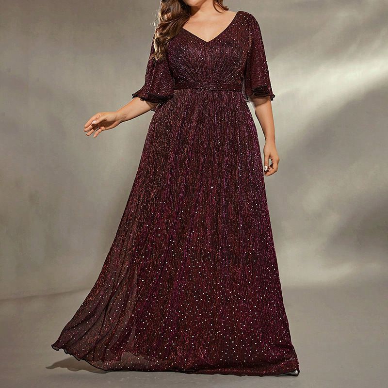 Elegantes Abendkleid in Übergröße für Damen – V-Ausschnitt, kurze Ärmel, figurbetontes Abendkleid für Bankette, Empfänge und besondere Anlässe_voghion.com