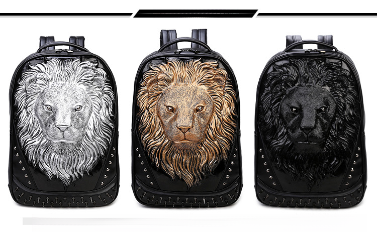 Borsa in pelle PU, zaino multifunzionale per studenti, zaino 3D, borsa da viaggio per computer, borsa con testa di leone maschio e femmina_voghion.com
