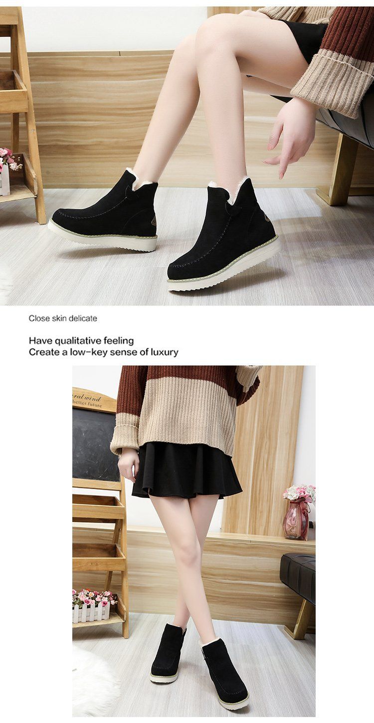 Chaussures pour femmes, bottes mi-mollet à semelle épaisse et bout rond - Chaussures d'hiver chaudes, doublées en polaire, décontractées, à enfiler avec semelle extérieure en caoutchouc_voghion.com