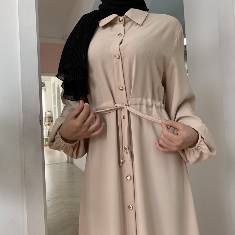 Roupas femininas nova moda muçulmana lapela cor sólida botão completo vestido fino saia longa_voghion.com
