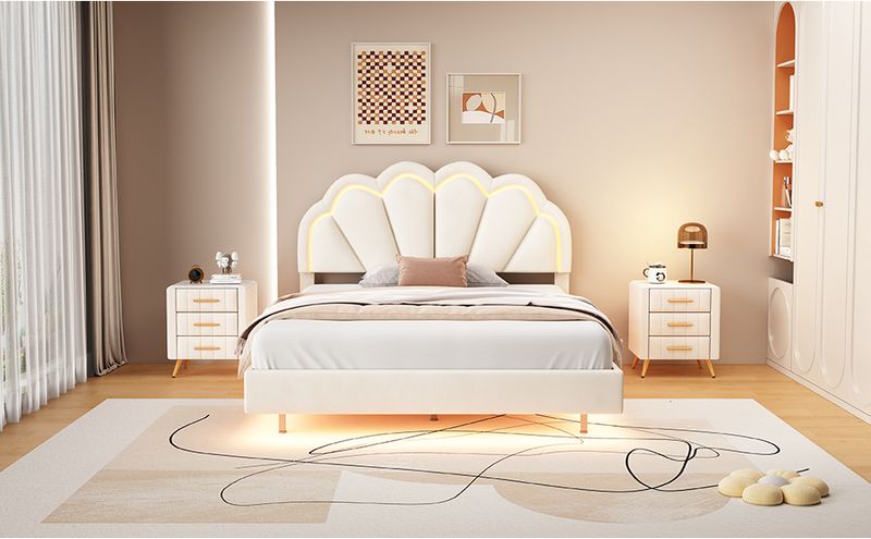Polsterbett 140x200cm, Schwebebett Con LED, Samtstoff Beige_voghion.com