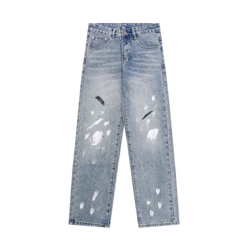 High Street Trendy Brand Splashed Ink Micro Flared Jeans Men's American Retro Vibe Style Loose Straight Casual Mopping Trousers_voghion.com