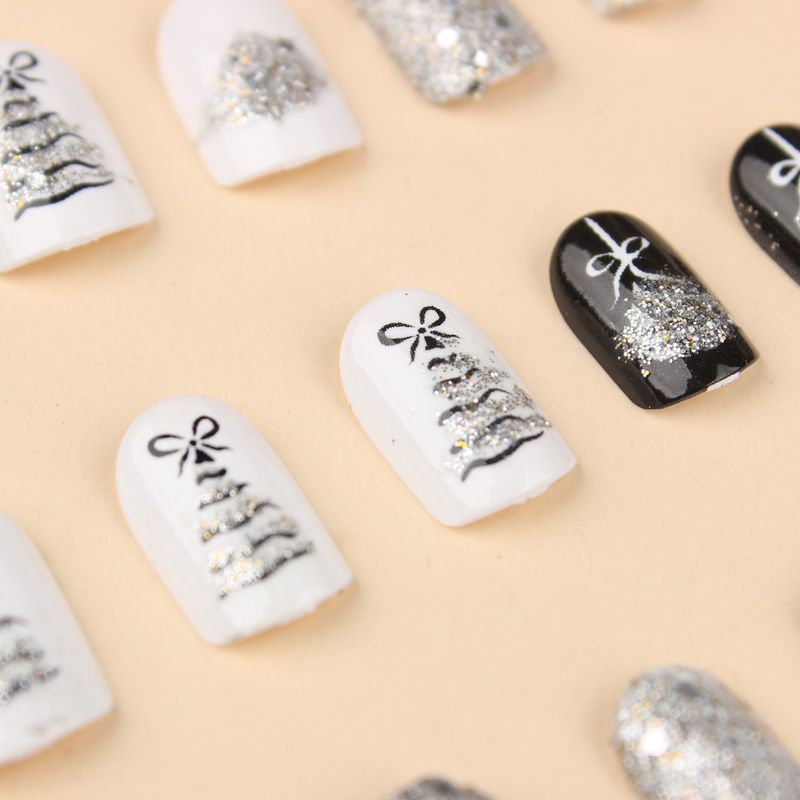 Unghie finte di alta qualità, design glitter grigio bianco e nero, quadrato corto, albero di Natale, fiocco di neve, ortensia, Natale, inverno, nail art, punte per unghie_voghion.com