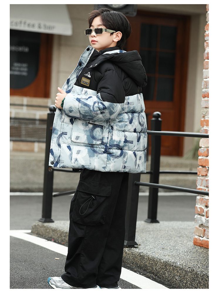 Kinder-Fleece-Futter mit Schneeberg-Print, Winterwärme, Daunen-Baumwoll-gefütterte Jacke, Sportjacke_voghion.com