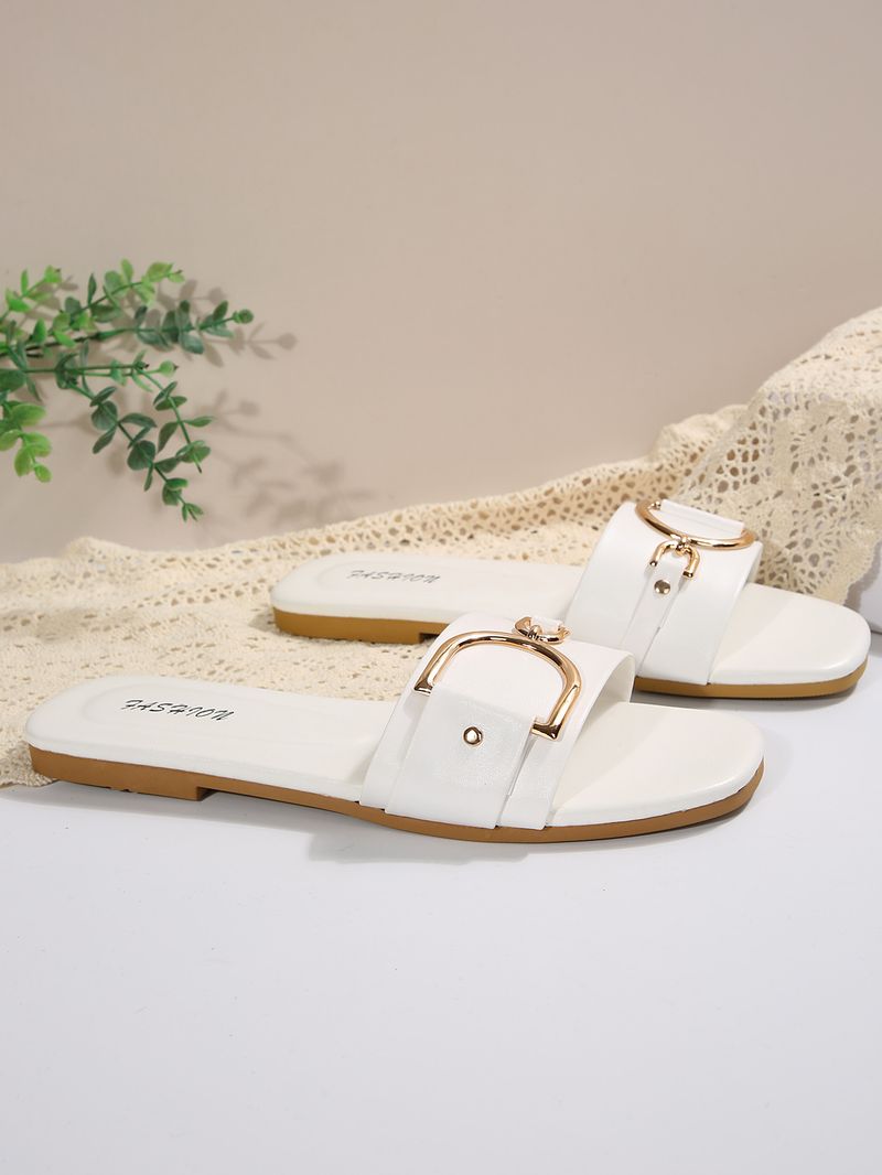 Women's Shoes Women's New Fashion Slippers Classic Temperament With Solid Color Metal Decoration Square Head Flat Sandals_voghion.com