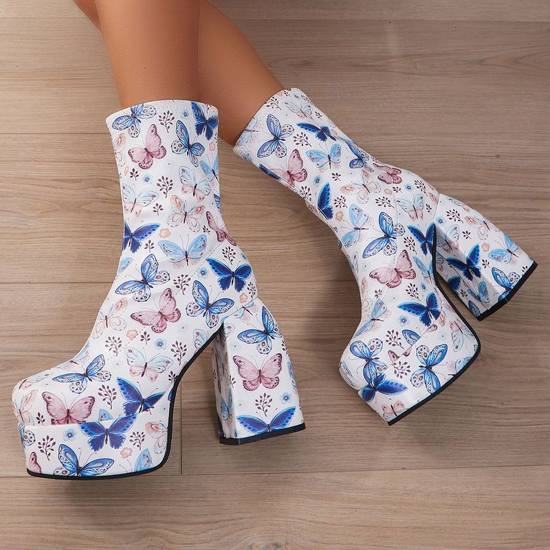 Women's Chunky Heel Pumps denim short boots women's square head waterproof platform high heel fashionable thick bottom women's boots_voghion.com