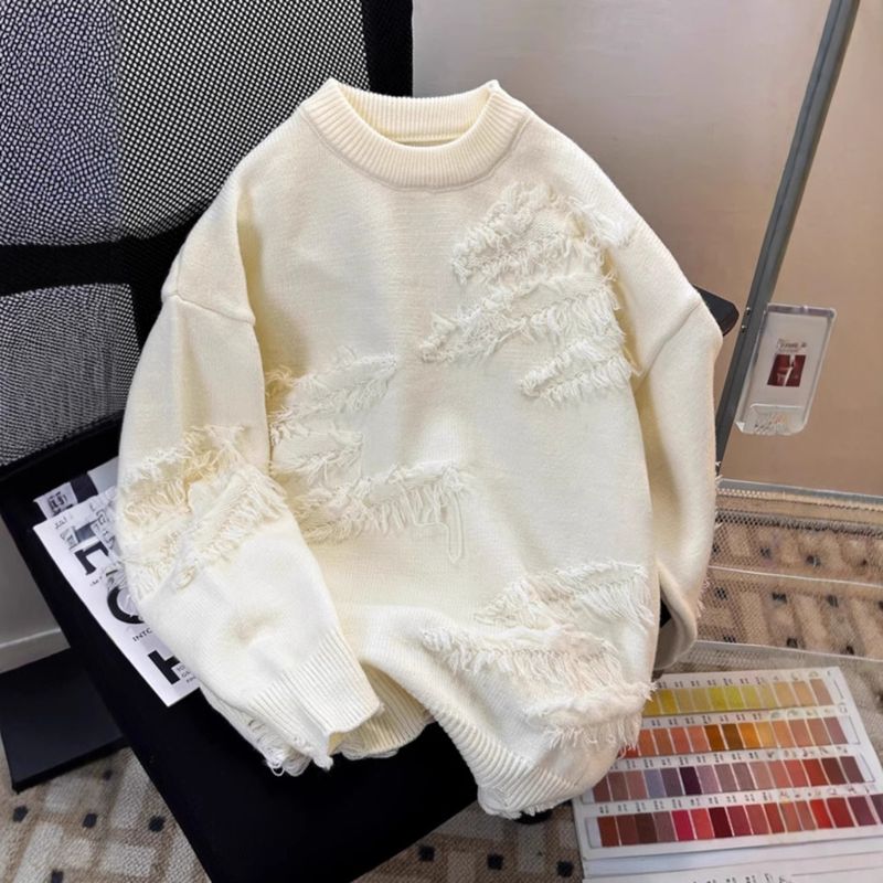 New tassel distressed sweater for men and women, loose round neck, inner knit sweater, autumn and winter outerwear_voghion.com