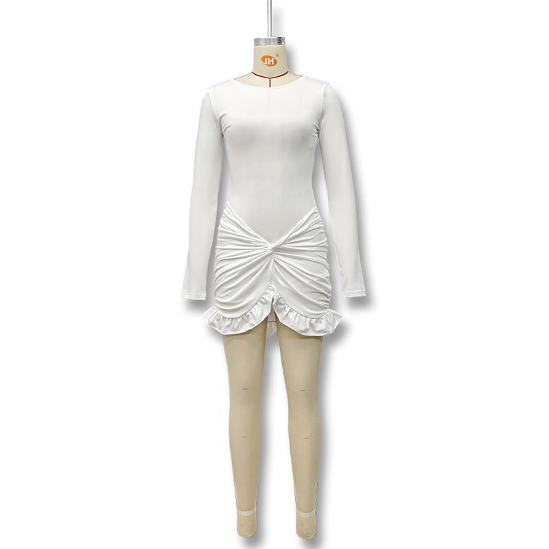 Vestito corto aderente da donna, estivo, casual, a tinta unita, con scollo rotondo, maniche lunghe e plissettate, a portafoglio._voghion.com