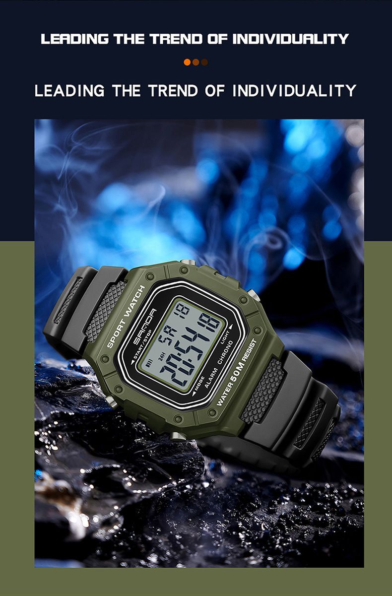 Orologio sportivo digitale per uomo e donna con display LED, impermeabile fino a 50 m, sveglia, luce notturna, quadrante quadrato, orologio da studente con cinturino in TPU_voghion.com