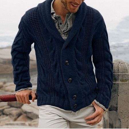 Heren Diamond Knit Cardigan Slim Fit Trui - Lange Mouw Omslagkraag Trui Voor Herfst/Winter - Acrylmix Warm Casual & Business Casual_voghion.com