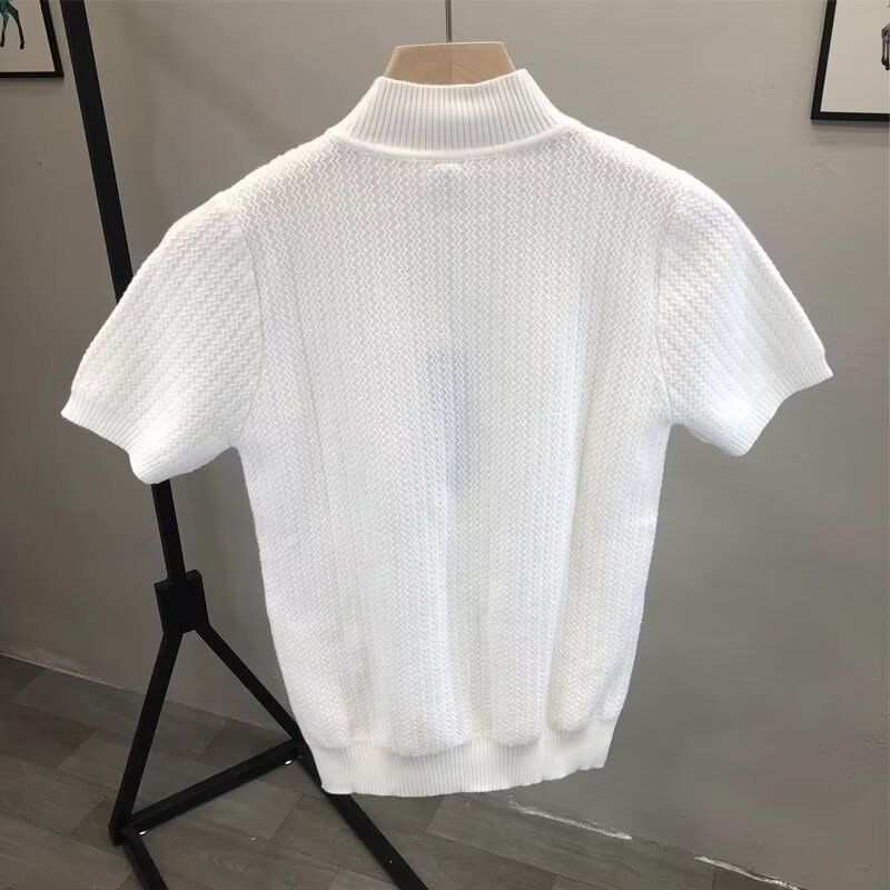 Herrenbekleidung High-End-Neuheiten für Frühling und Sommer, gestricktes kurzärmeliges T-Shirt mit halbhohem Kragen, schmales Innenoberteil, Herrenpullover, Unterhemd_voghion.com