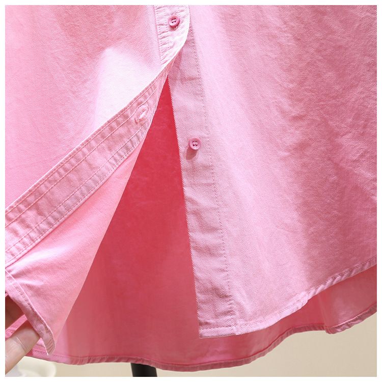 Langärmliges Sommerhemd aus Baumwollmischung mit Blumenstickerei und lockerer Passform für Damen – lässiges langes Tunika-Oberteil (Blau, Gelb, Rosa, Weiß)_voghion.com