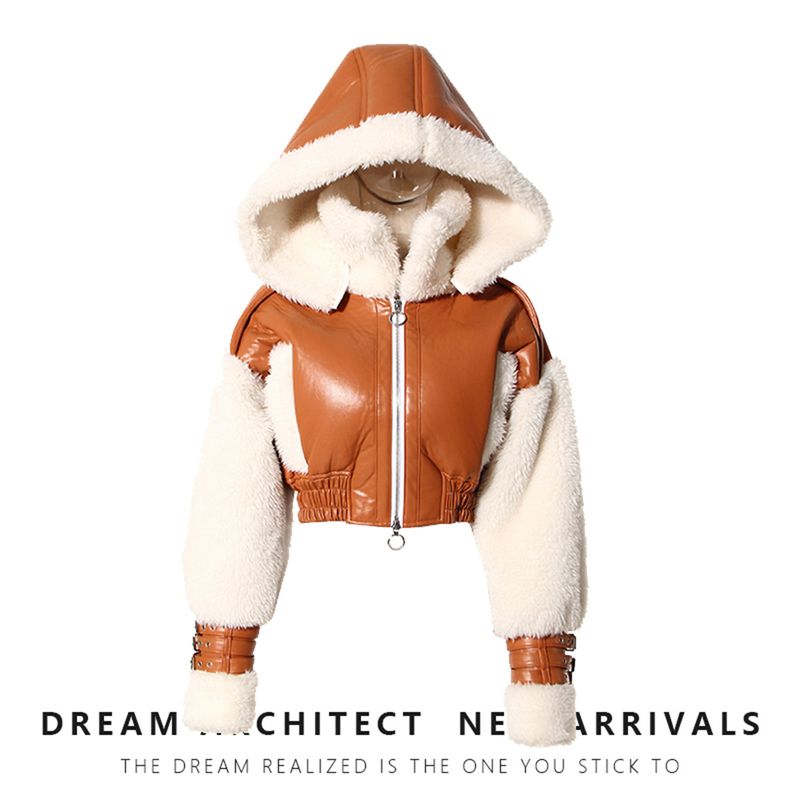 Fur one-piece lamb fur short coat women's winter American retro stitching contrast color hooded motorcycle jacket top_voghion.com