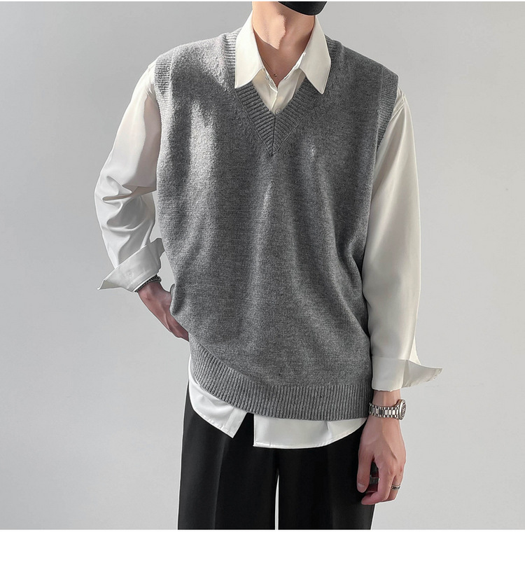 Herrenbekleidung Herbstlicher Stil lockerer Boden ärmelloser Herrenpullover mit V-Ausschnitt Pullover Weste Mantel_voghion.com